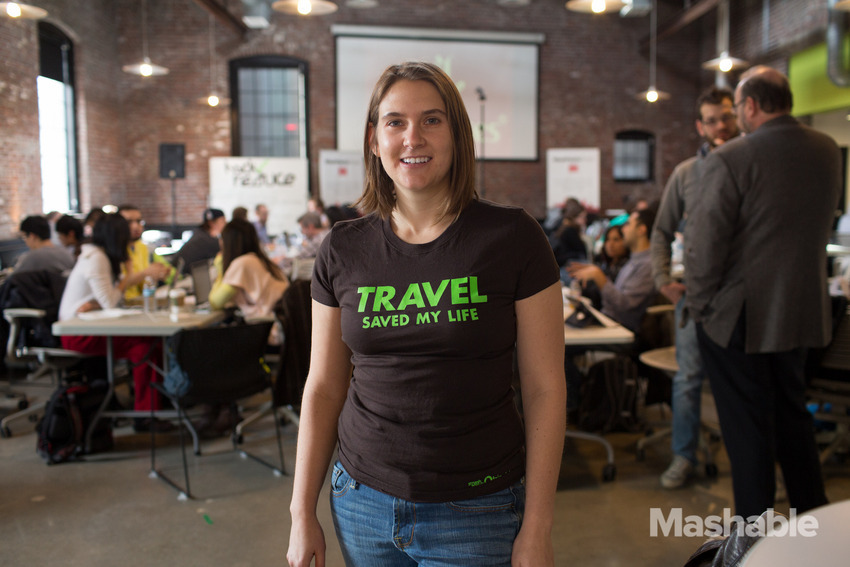 Chandra poses with her Travel Saved My Life Branded tripchi shirt at MashHacks Travel Hackathon