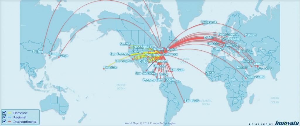 Nonstop routes from Baltimore/Washington, Washington Dulles and National, November 2014. (Innovata FlightMaps Analytics)