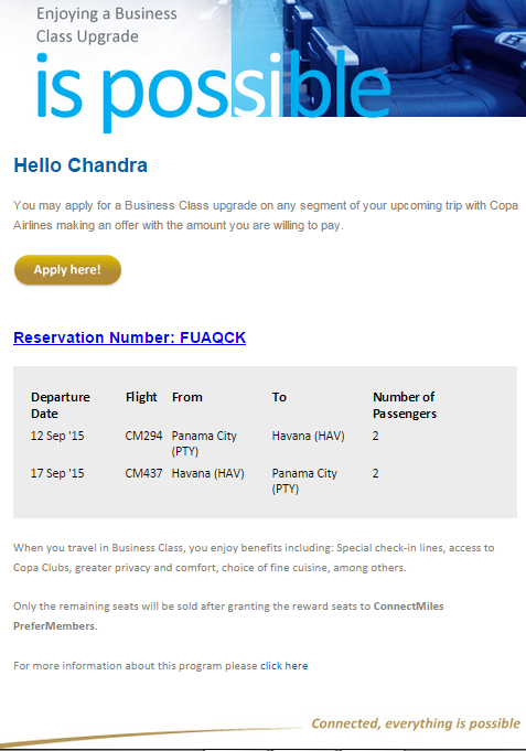 Copa Airlines branded fares upsell email
