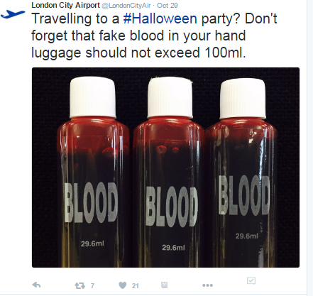 Fake blood limits at LCY for Airport Halloween 2016